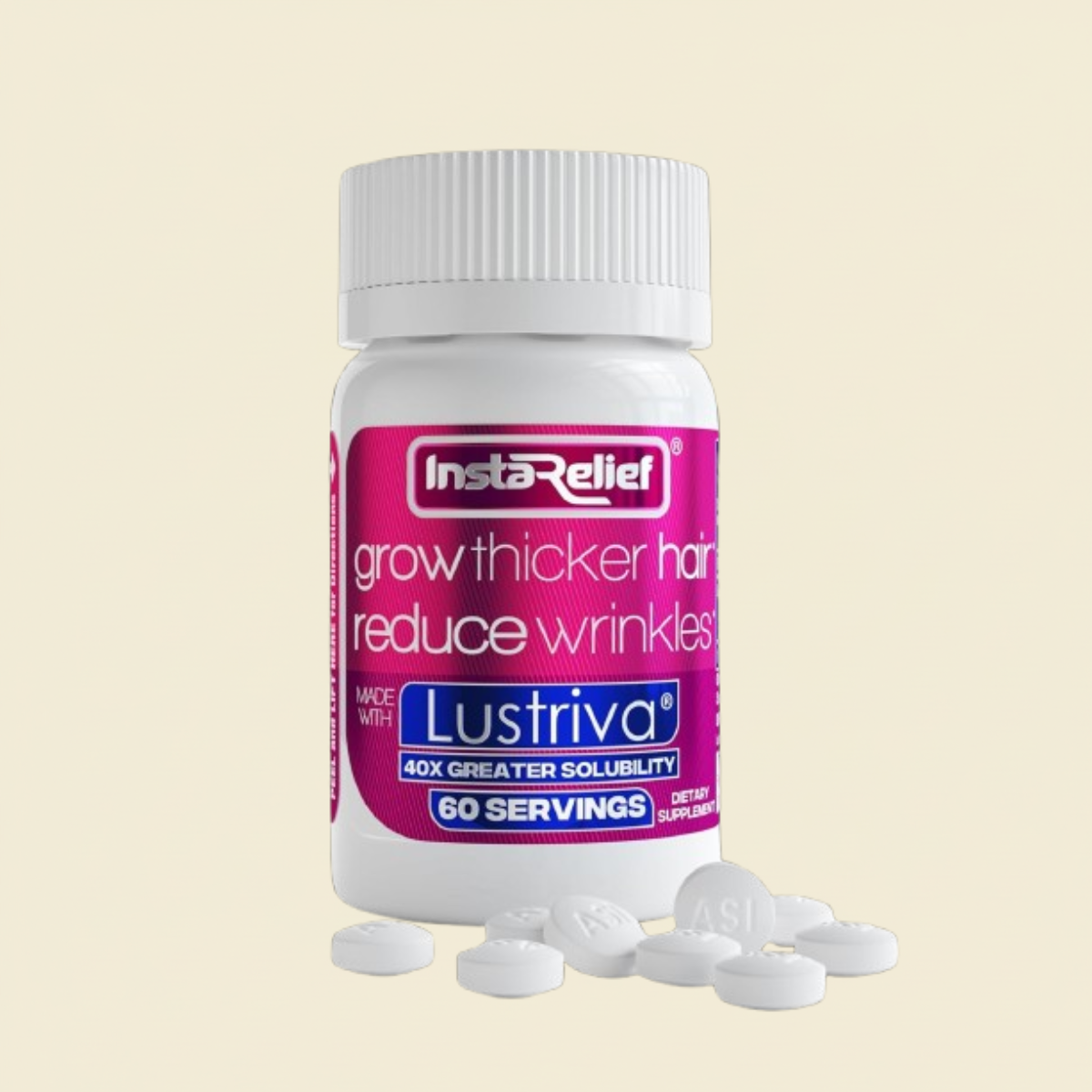 InstaRelief® Hair Growth with Lustriva® - Clinically Shown to Grow Thicker, Healthier Hair in 3 Weeks, Reduce Wrinkles and Fine Lines, with Biotin, Silicon, and Arginine, 60 Tablets