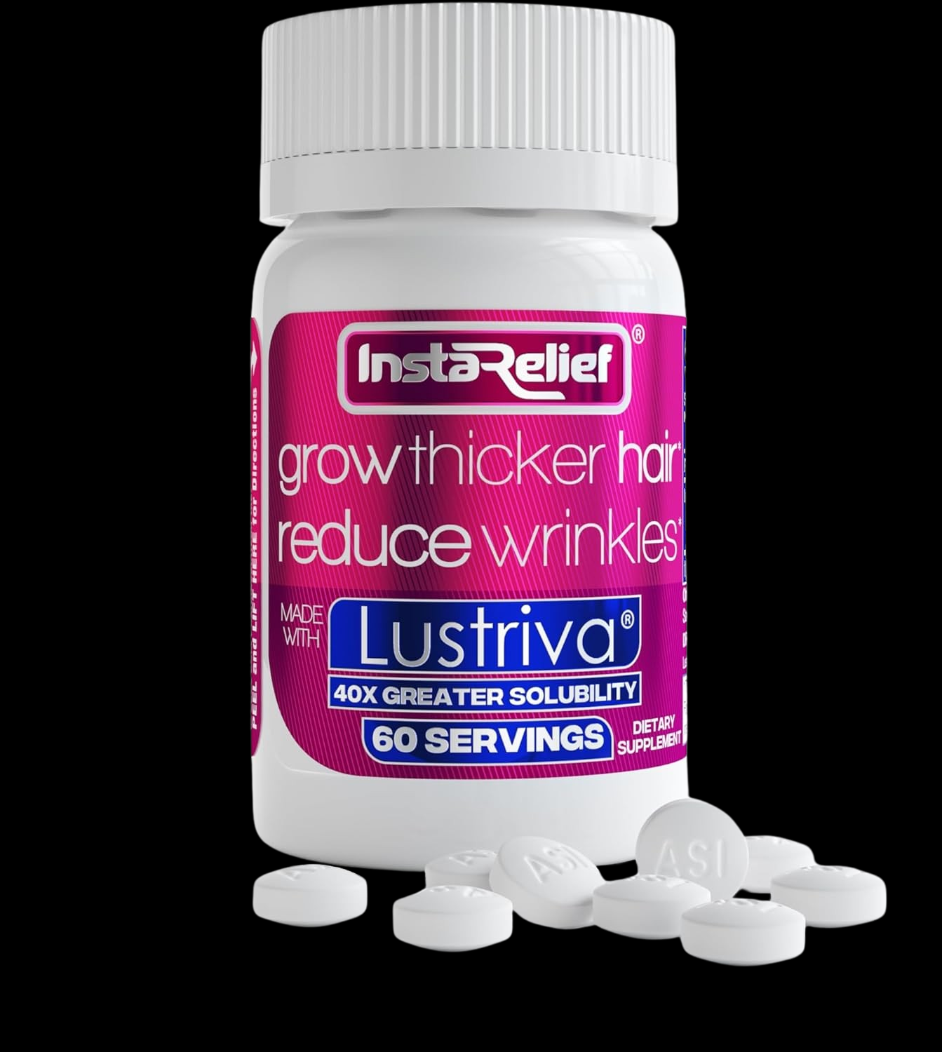 InstaRelief® Hair Growth with Lustriva® - Clinically Shown to Grow Thicker, Healthier Hair in 3 Weeks, Reduce Wrinkles and Fine Lines, with Biotin, Silicon, and Arginine, 60 Tablets
