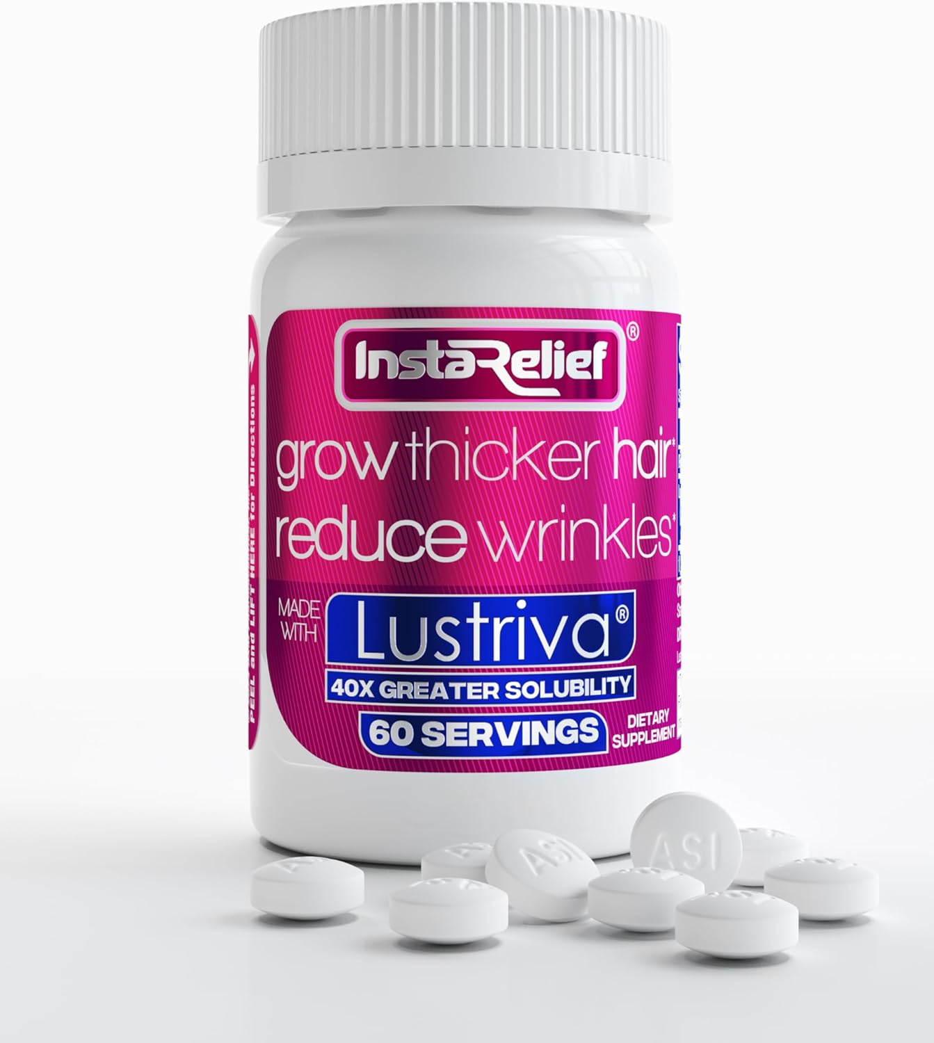 InstaRelief® Hair Growth with Lustriva® - Clinically Shown to Grow Thicker, Healthier Hair in 3 Weeks, Reduce Wrinkles and Fine Lines, with Biotin, Silicon, and Arginine, 60 Tablets