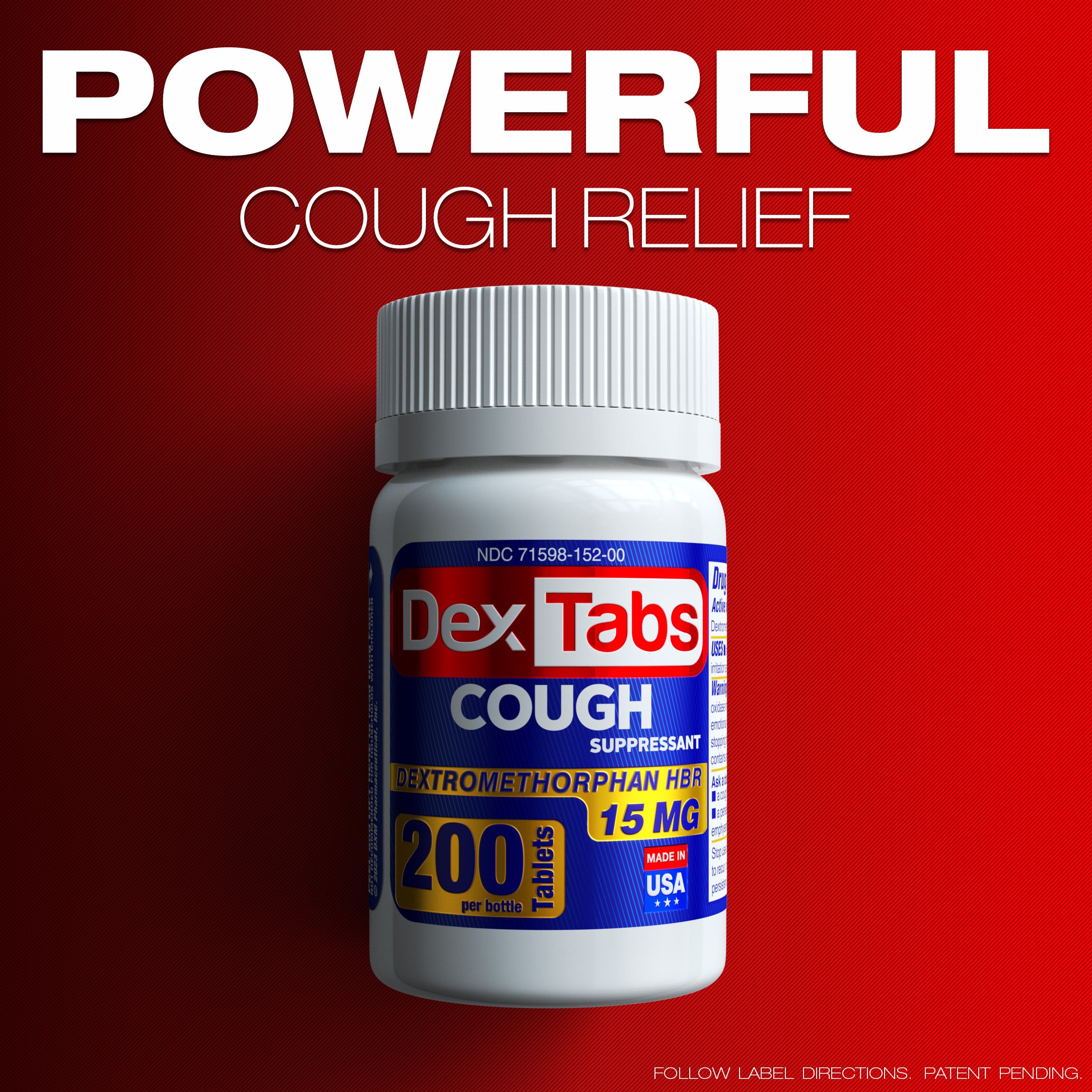 2 PACK DexTabs Cough suppressant 200 Tablets 15 mg of Dextromethorphan HBr