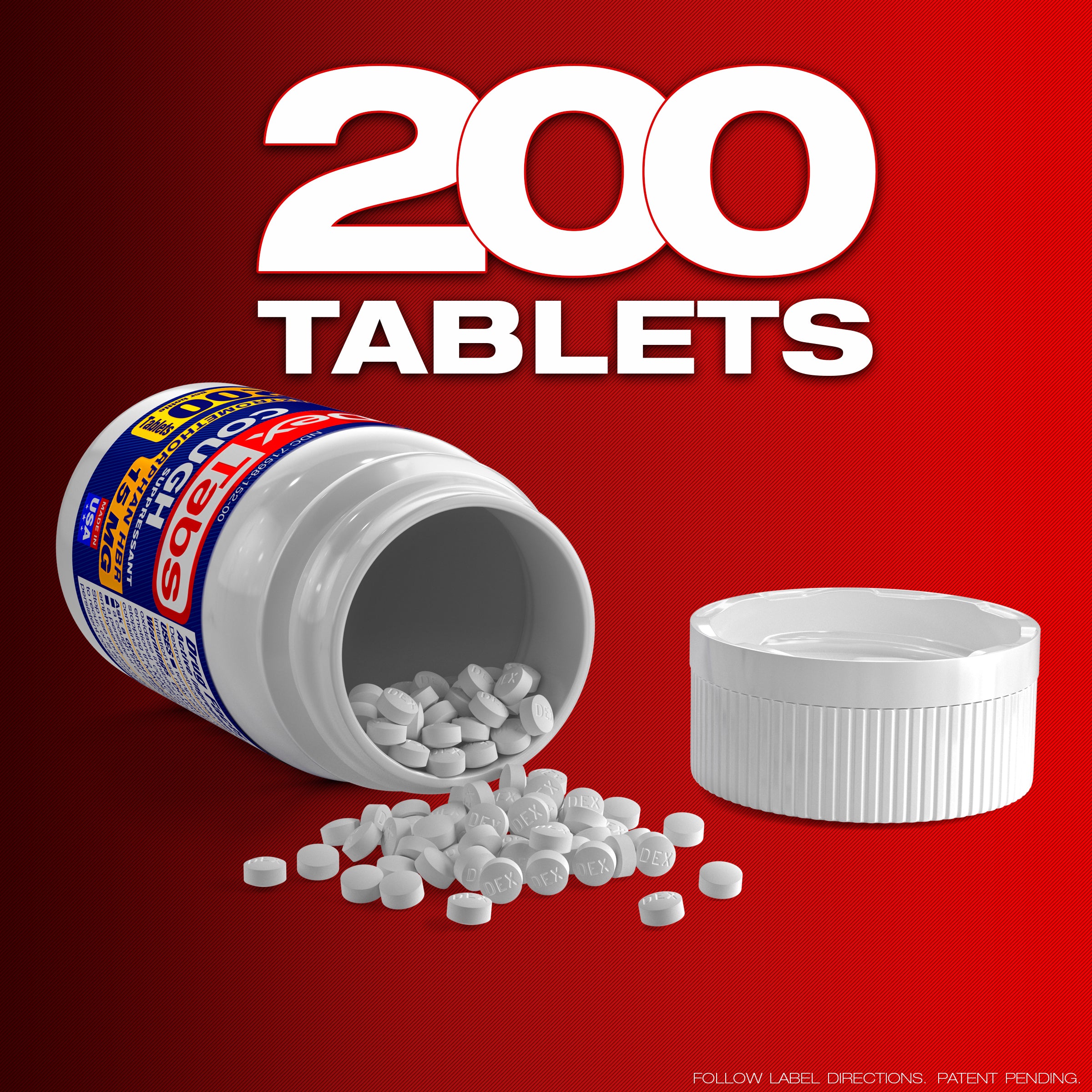 2 PACK DexTabs Cough suppressant 200 Tablets 15 mg of Dextromethorphan HBr