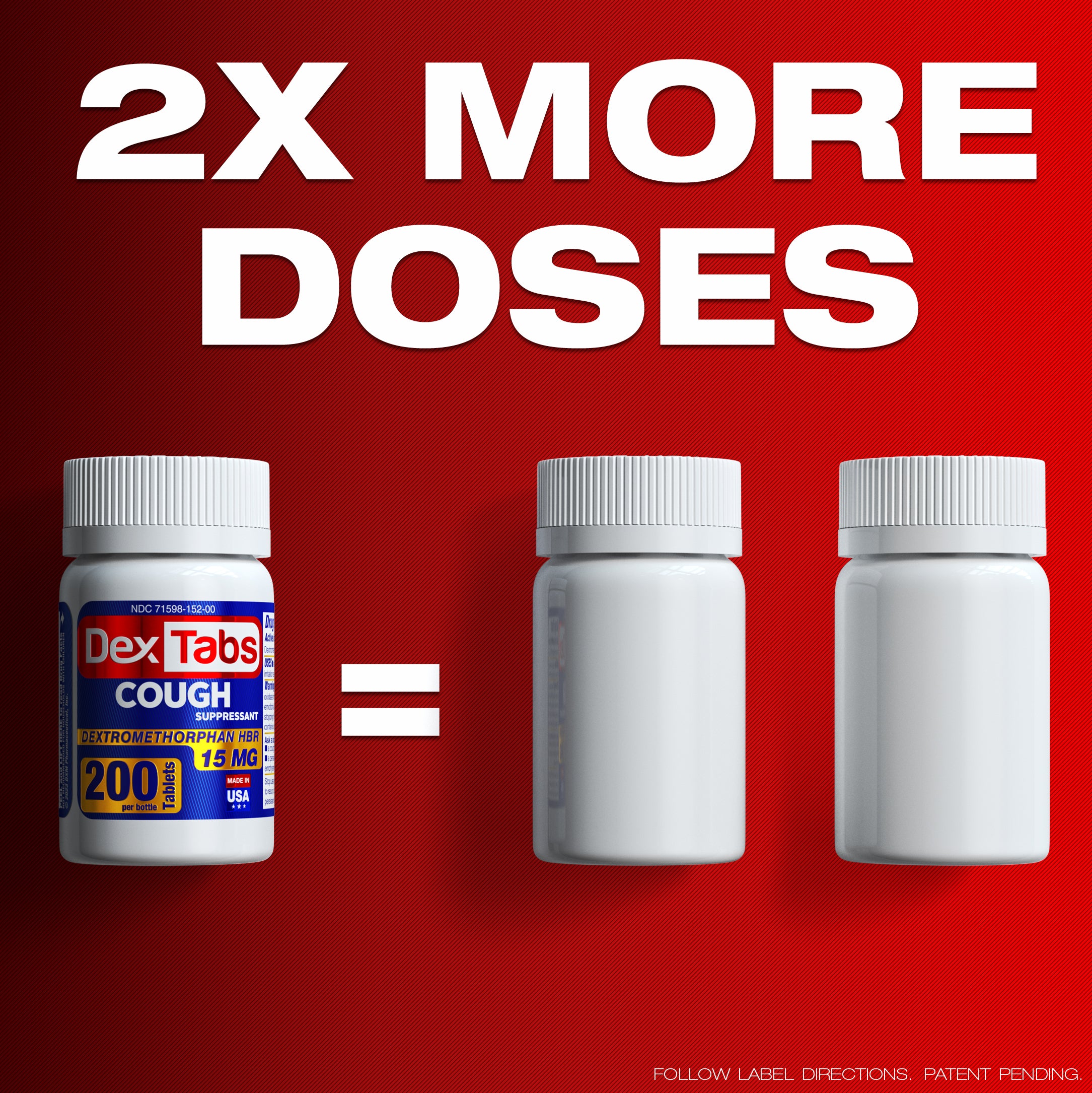 2 PACK DexTabs Cough suppressant 200 Tablets 15 mg of Dextromethorphan HBr